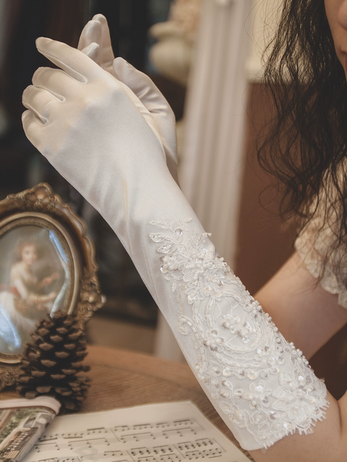 Embroidered Satin Bridal Gloves – Long White Wedding Gloves with Lace Detail